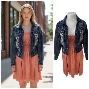 Studio M Dress Womens Medium Cottagecore Peasant Denim Jacket Orange Blue Lace